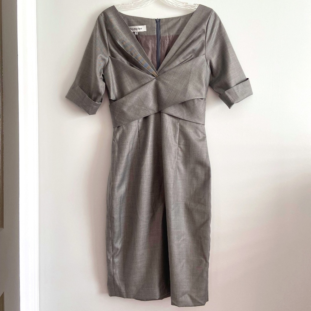 HOLIDAY PARTY VINTAGE YSL SILK COTTON RARE PREPPY OFFICE ACADEMIA V NECK DRESS